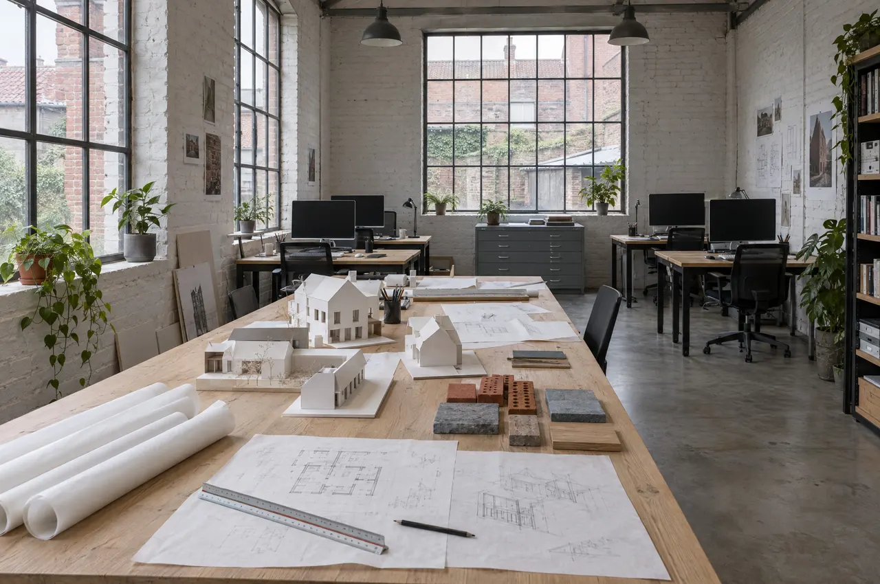 L’atelier de Studio Lantier à Wazemmes : murs de brique blanchis, grandes fenêtres d’acier, table couverte de rouleaux de calque, de maquettes en carton blanc et d’échantillons de brique et de pierre bleue
