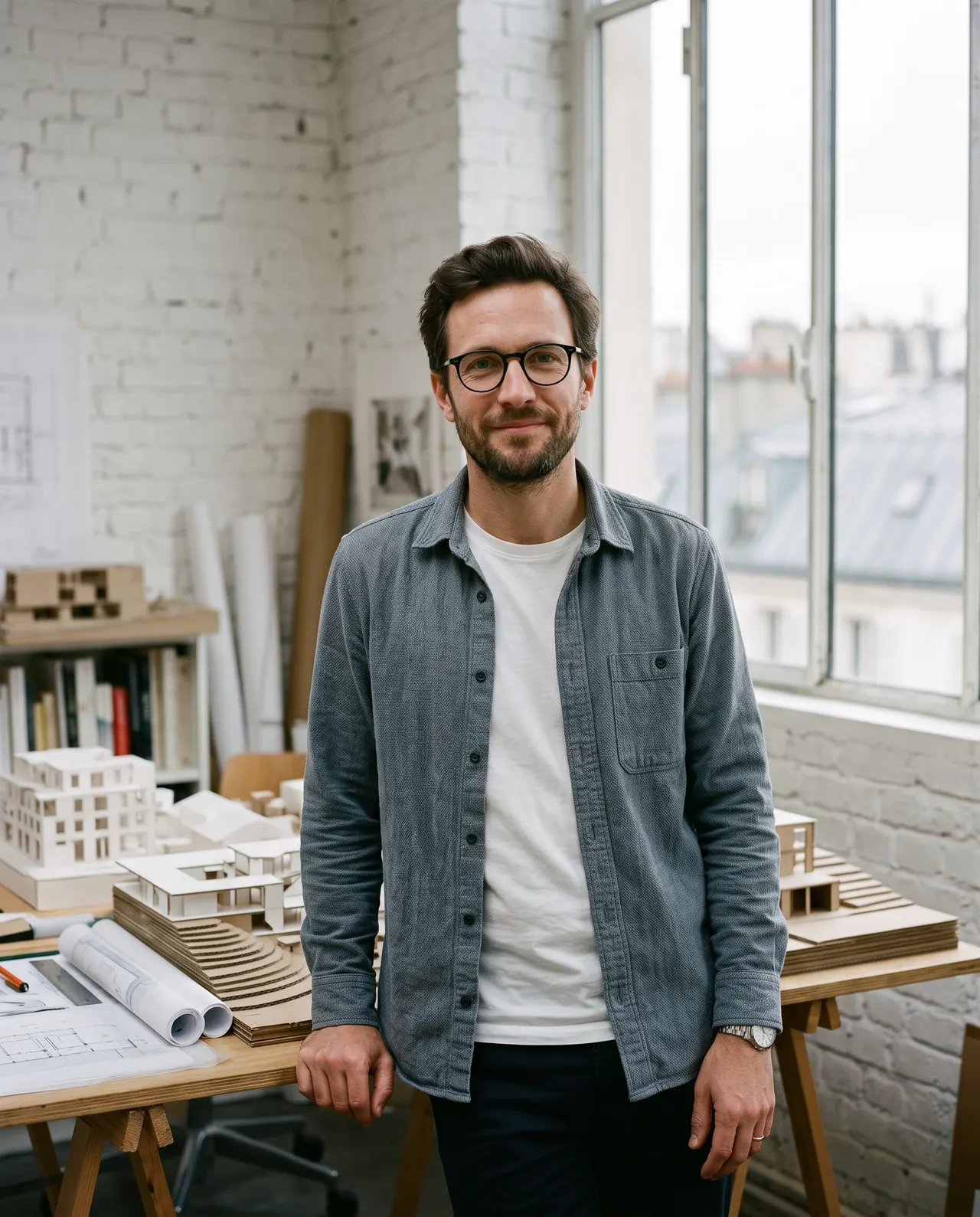 Portrait de Bastien Delannoy, architecte associé, près de la table des maquettes