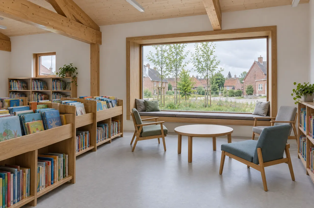 Salle de lecture : poutres en lamellé-collé, banquette en chêne sous une grande fenêtre ouverte sur le village, bacs à albums et fauteuils