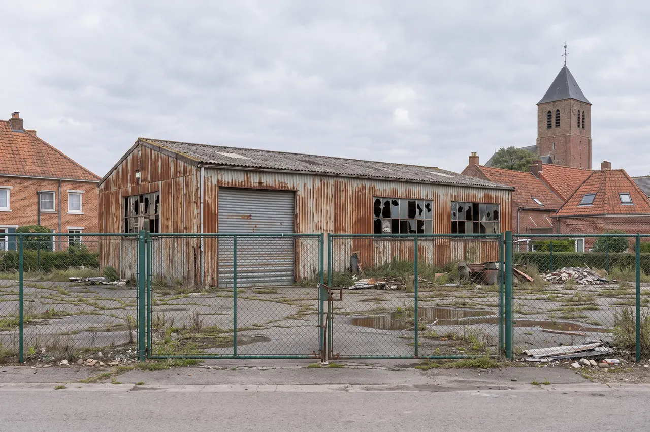 Le même terrain avant le chantier : ancien atelier municipal en tôle rouillée aux vitres cassées, cour goudronnée et clôture grillagée