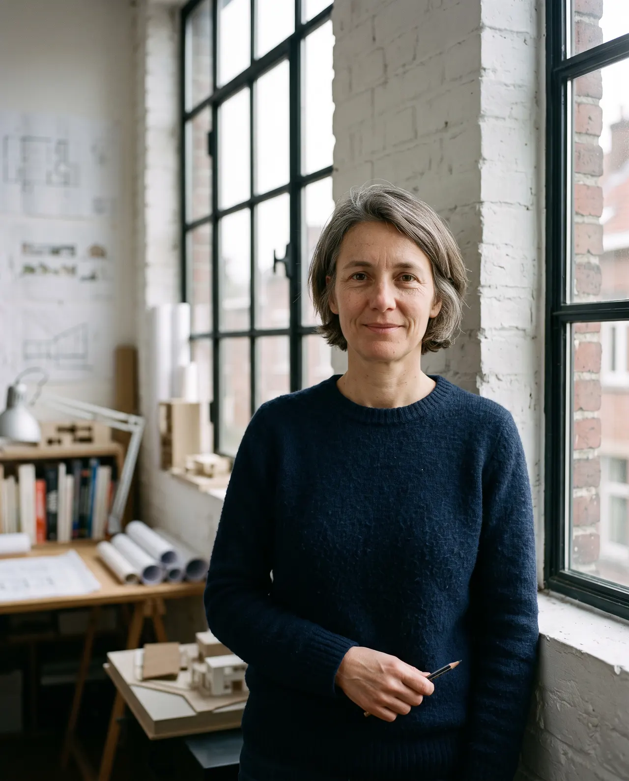 Portrait de Claire Lantier, architecte, devant un mur de brique blanchi de l’atelier