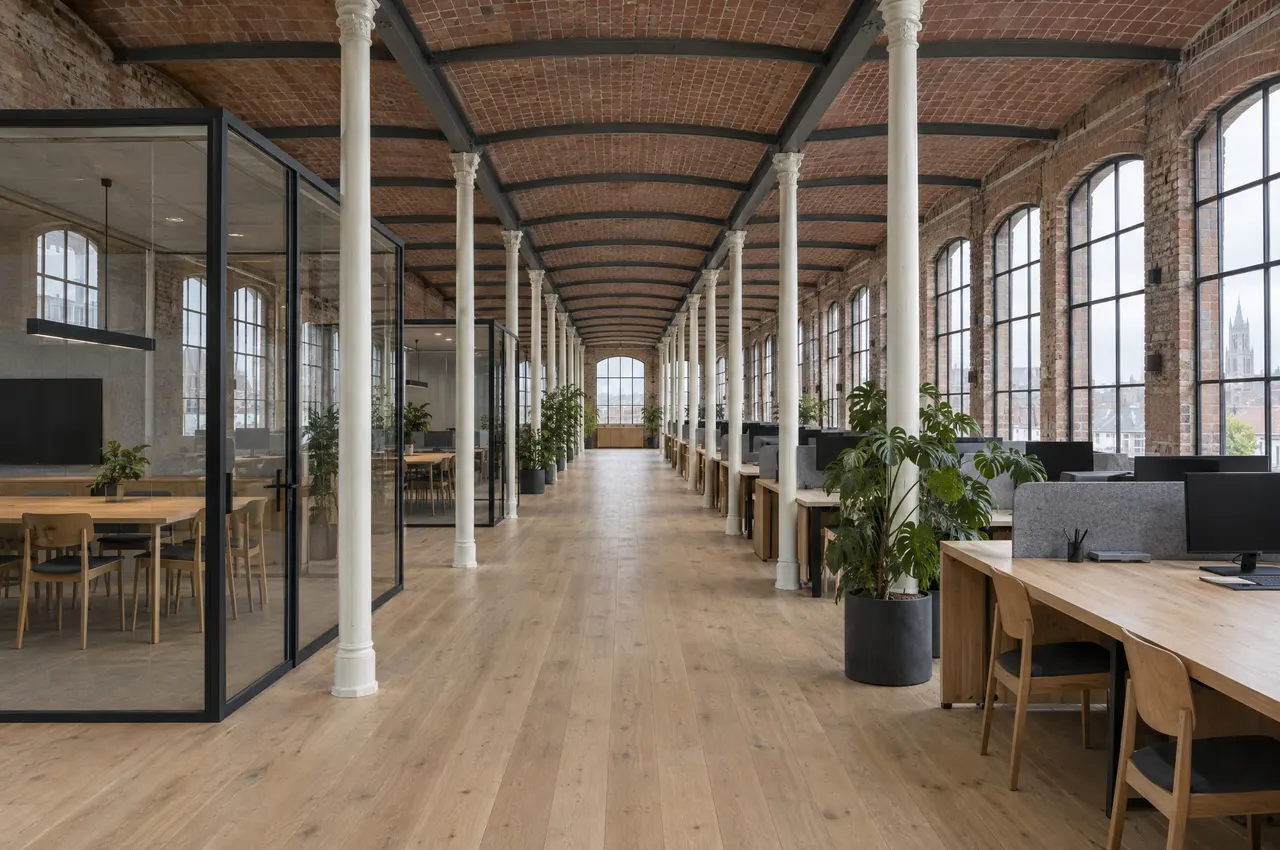 Plateau de bureaux dans l’ancienne filature à Fives : deux rangées de colonnes en fonte blanches, voûtains de brique au plafond, salles de réunion vitrées et postes de travail en chêne