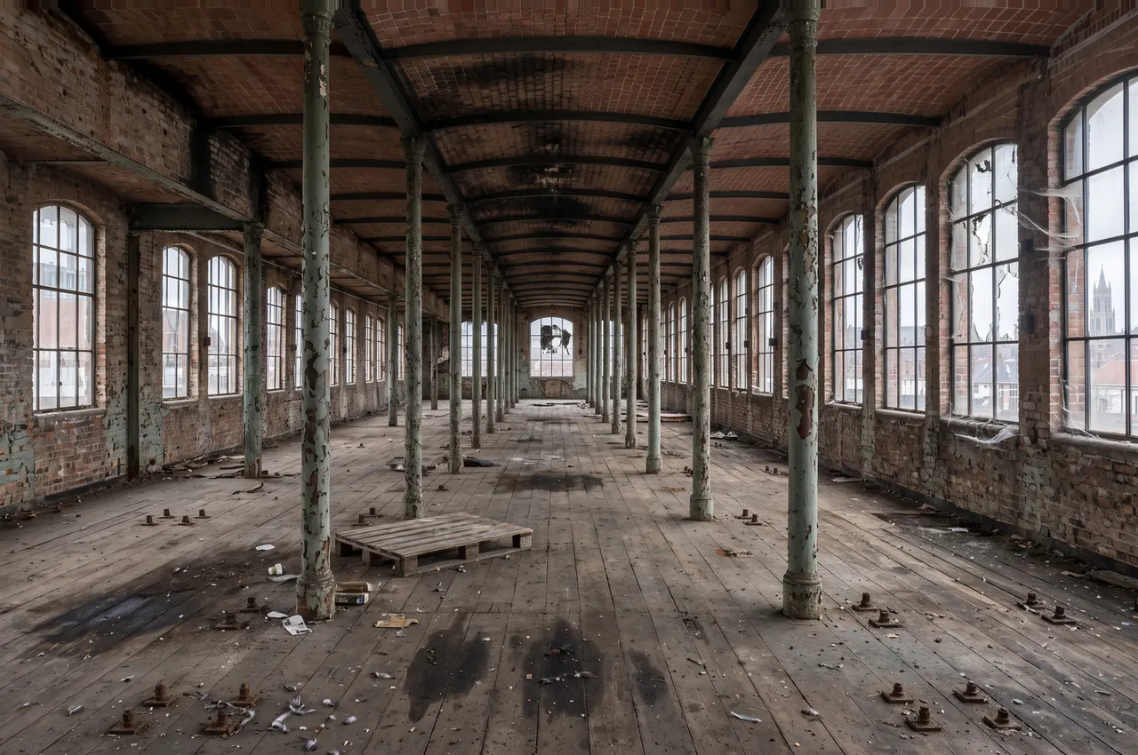 Le même plateau avant les travaux : plancher de bois taché, colonnes à la peinture écaillée, vitres cassées et débris au sol