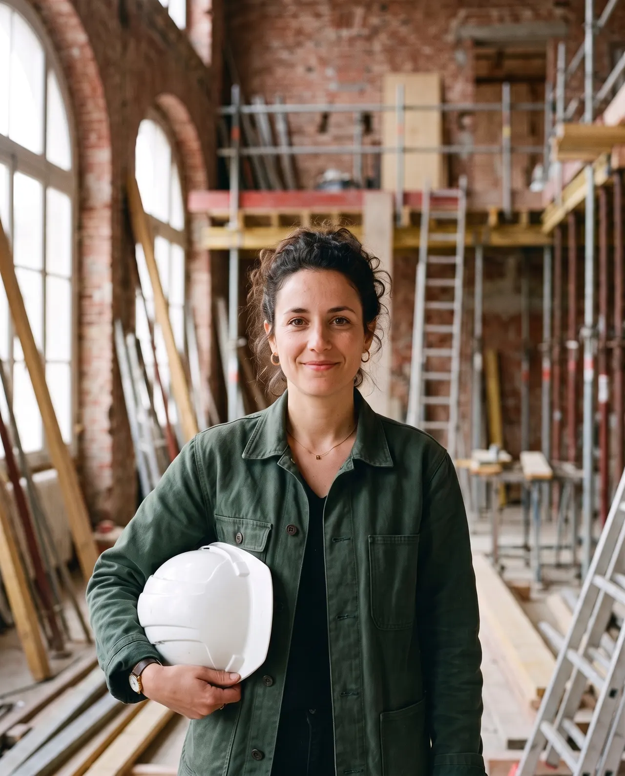 Portrait d’Inès Carlier, cheffe de projet, sur un chantier de rénovation, un casque blanc sous le bras