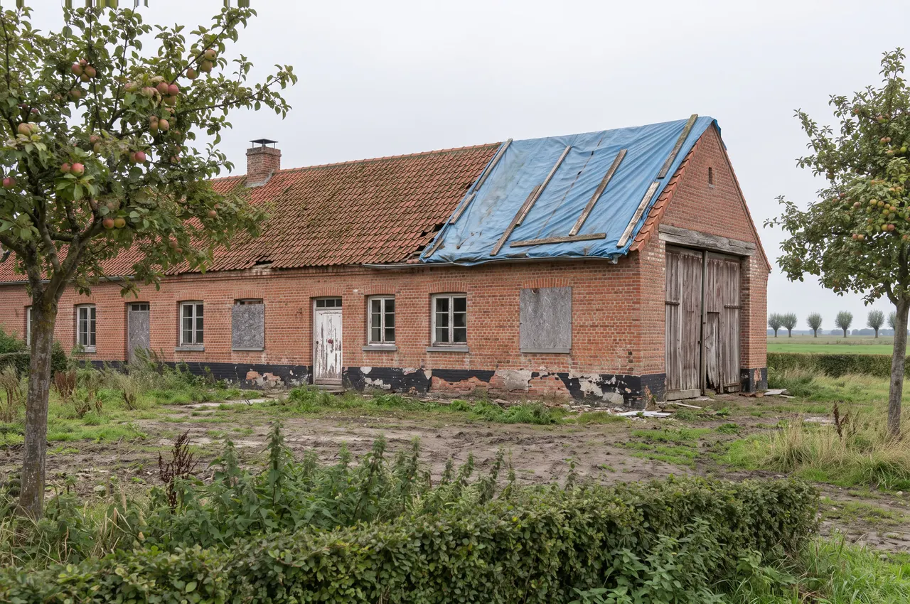 La même longère avant les travaux : toit affaissé en partie couvert d’une bâche bleue, fenêtres murées, portes de grange pourries et cour envahie d’herbes
