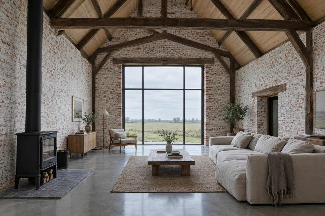 La grange devenue séjour : charpente en chêne d’origine, murs de brique blanchis à la chaux, poêle à bois sur une dalle de pierre bleue et grande baie sur les champs