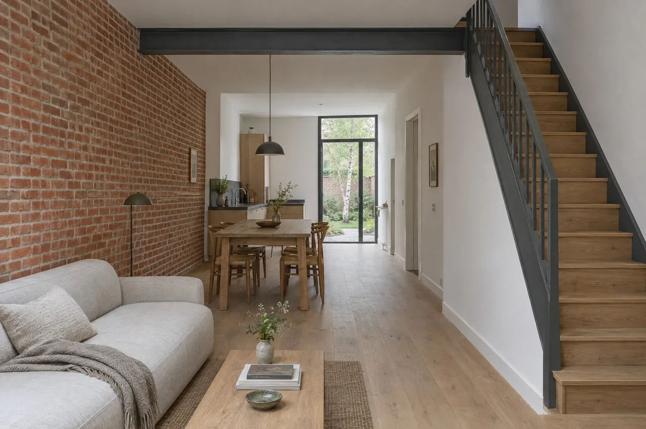 Rez-de-chaussée de la maison de ville rénovée à Wazemmes : séjour, mur de brique apparent, poutre en acier gris, escalier en chêne et porte vitrée sur le jardin au fond