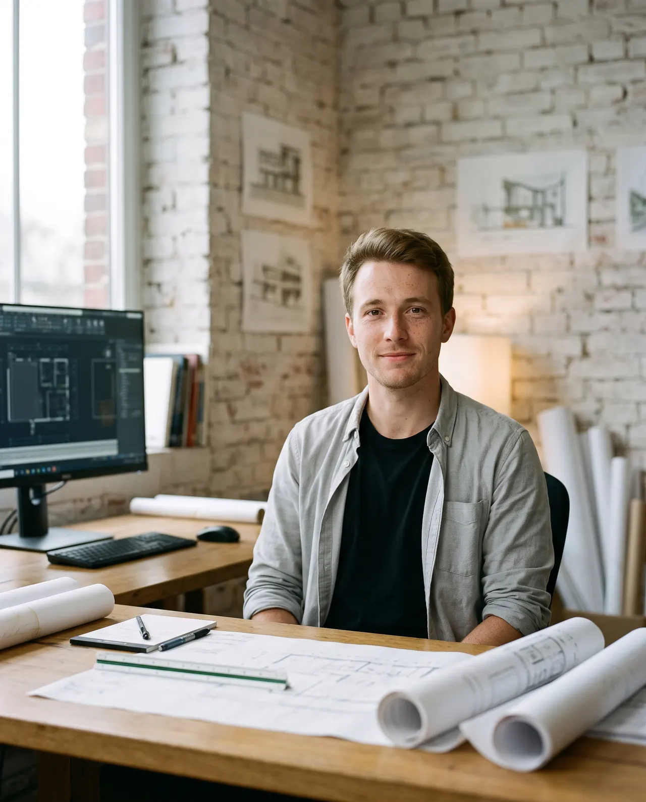 Portrait de Théo Wallart, dessinateur-projeteur, à son bureau entouré de rouleaux de calque